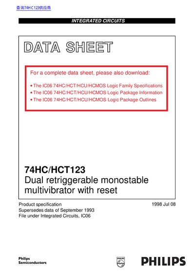 Philips 74HC/HCT123 Dual Retriggerable Monostable Multivibrator Datasheet