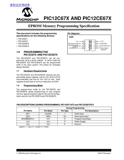 Microchip PIC12C67X/PIC12CE67X EPROM Memory Programming Specification - cover page