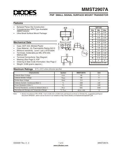 Diodes Incorporated MMST2907A PNP Transistor Datasheet - cover page
