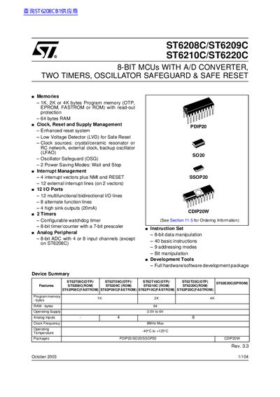 STMicroelectronics ST6208C/ST6209C/ST6210C/ST6220C Datasheet - cover page
