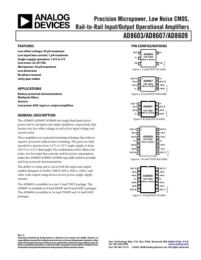 Analog Devices AD8603/AD8607/AD8609 Operational Amplifier Datasheet - cover page