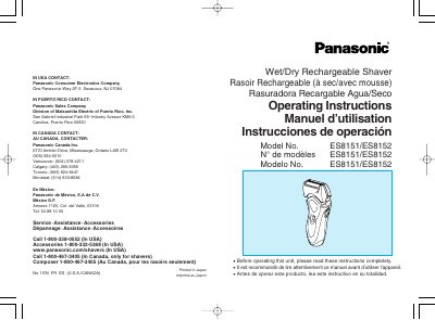 Panasonic ES8151/ES8152 Wet/Dry Rechargeable Shaver Operating Instructions - cover page