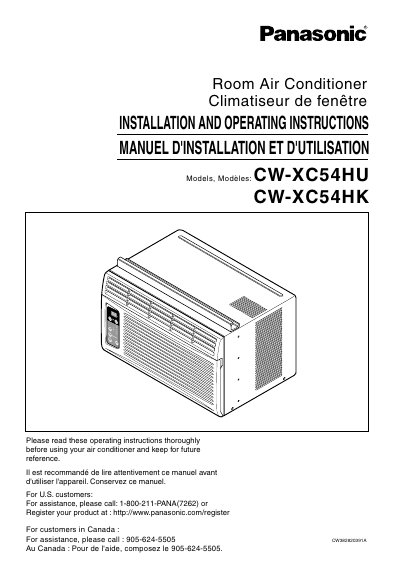 Panasonic CW-XC54HU/CW-XC54HK Room Air Conditioner Installation and Operating Instructions - cover page