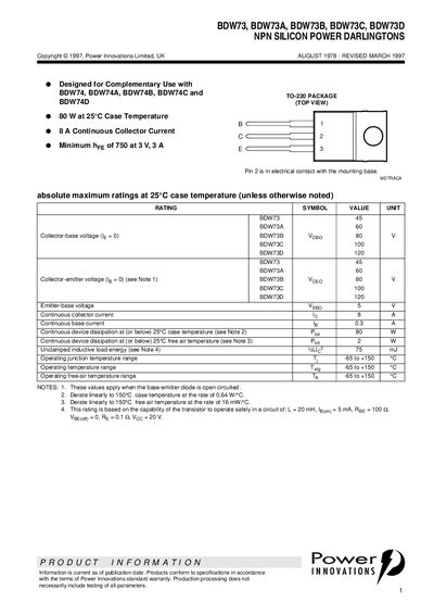 POWER BDW73 BDW73A BDW73B BDW73C BDW73D NPN SILICON POWER DARLINGTONS - cover page