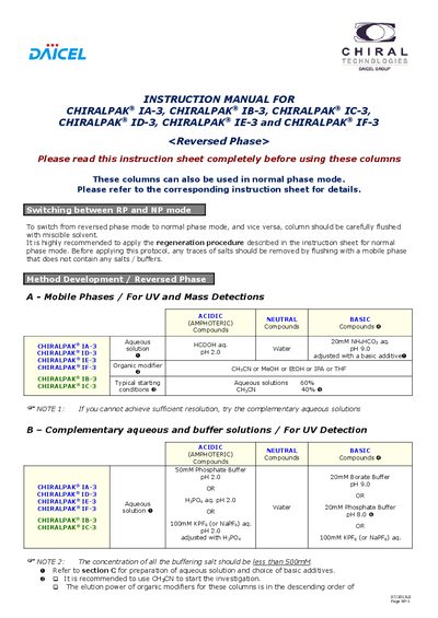 Chiralpak IA-3, IB-3, IC-3, ID-3, IE-3, IF-3 Reversed Phase Instruction Manual - cover page