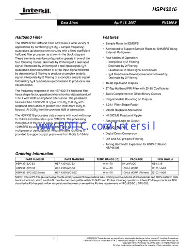 Intersil HSP43216 Halfband Filter Datasheet - cover page