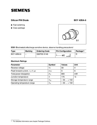 Siemens BXY 42BA-6 Silicon PIN Diode Datasheet - cover page
