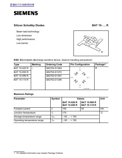 Silicon Schottky Diodes BAT 15- ... R Datasheet - cover page