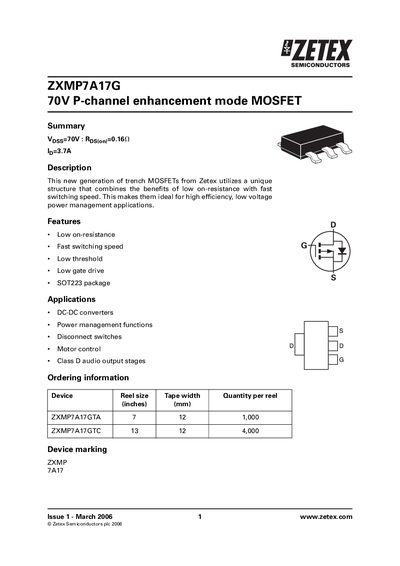 Zetex ZXMP7A17G Datasheet - cover page