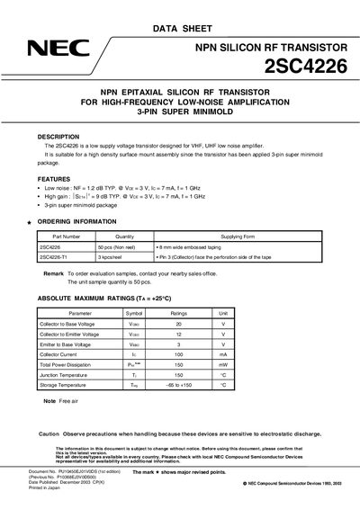 NEC 2SC4226 NPN RF Transistor Datasheet - cover page