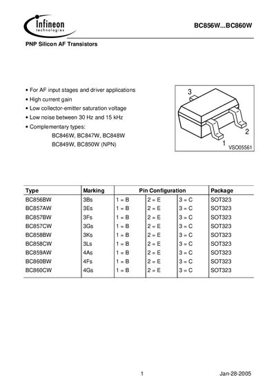Infineon BC856W...BC860W PNP Silicon AF Transistors Datasheet - cover page