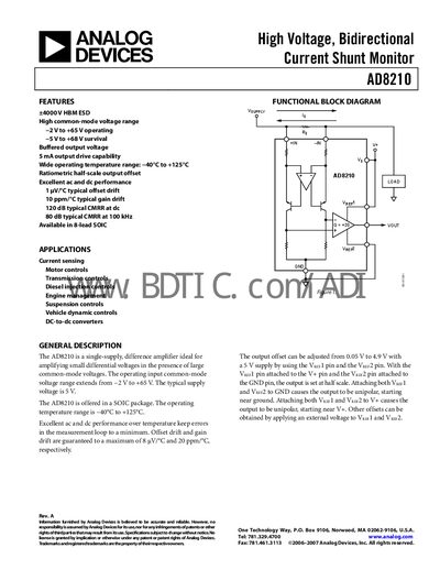 Analog Devices AD8210 High Voltage Current Shunt Monitor Datasheet - cover page