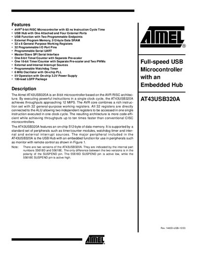 Atmel AT43USB320A Full-speed USB Microcontroller with Embedded Hub Manual - cover page