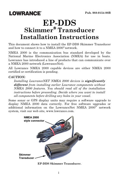 Lowrance EP-DDS Skimmer Transducer Installation Instructions - cover page