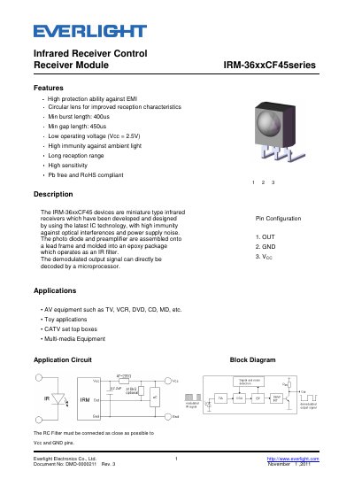 Everlight IRM-36xxCF45 Series Infrared Receiver Module Datasheet - cover page