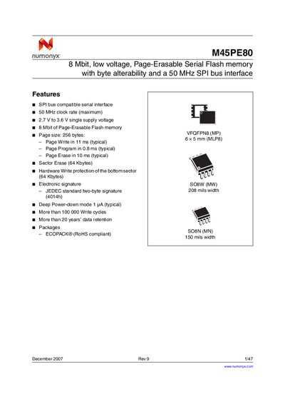 Numonyx M45PE80 Serial Flash Memory Datasheet - cover page