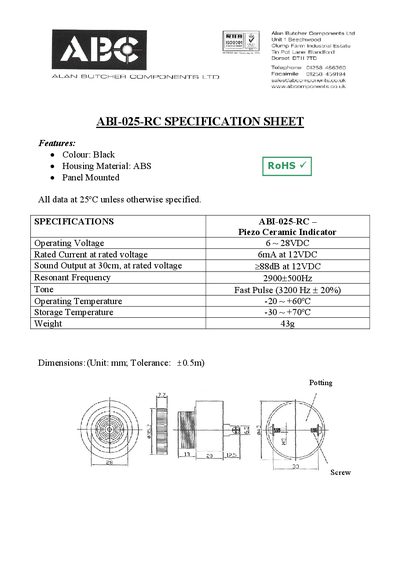 Alan Butcher Components ABI-025-RC Piezo Indicator Specification Sheet - cover page