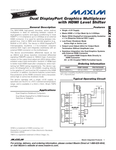 Maxim MAX14886 Dual DisplayPort Graphics Multiplexer with HDMI Level Shifter Datasheet - cover page