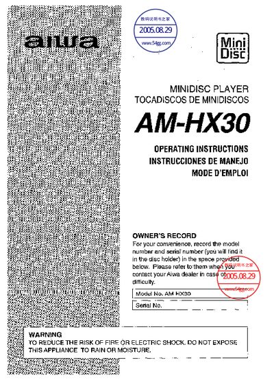 Aiwa AM-HX30 MiniDisc Player Operating Instructions - cover page