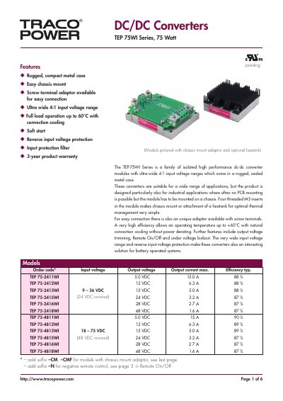 Traco Power TEP 75WI Series 75 Watt DC/DC Converter Handbook - cover page