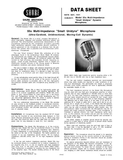 Shure Model 55s Multi-Impedance Microphone Datasheet