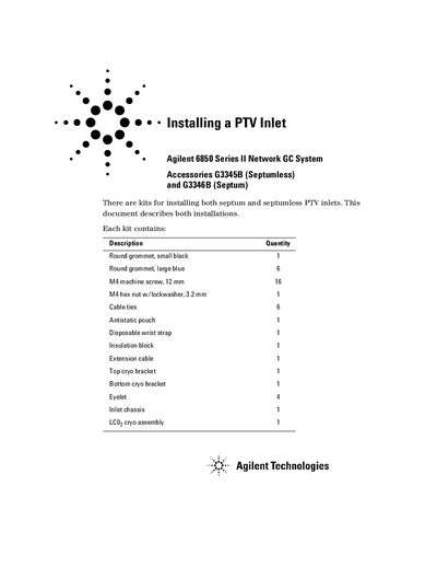 Agilent 6850 Series II Network GC System Installing a PTV Inlet - cover page