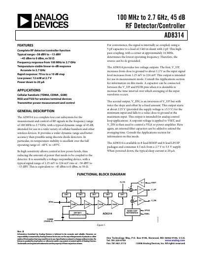 Analog Devices AD8314 RF Detector/Controller Datasheet Rev B - cover page
