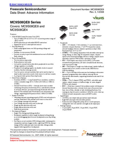 Freescale MC9S08QE8 Series Covers MC9S08QE8 MC9S08QE4 Data Sheet Advance Information - cover page