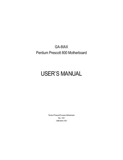 Pentium Prescott 800 GA-8IAX Motherboard user manual - cover page