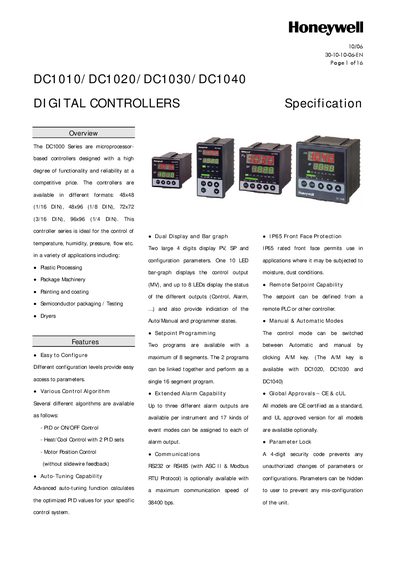 Honeywell DC1010/DC1020/DC1030/DC1040 Digital Controllers User Manual - cover page