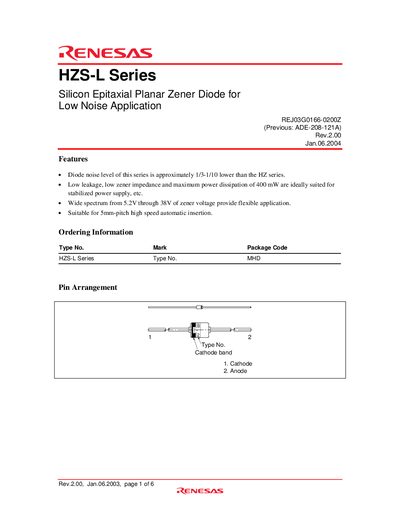 Renesas HZS-L Series Zener Diode Datasheet - cover page