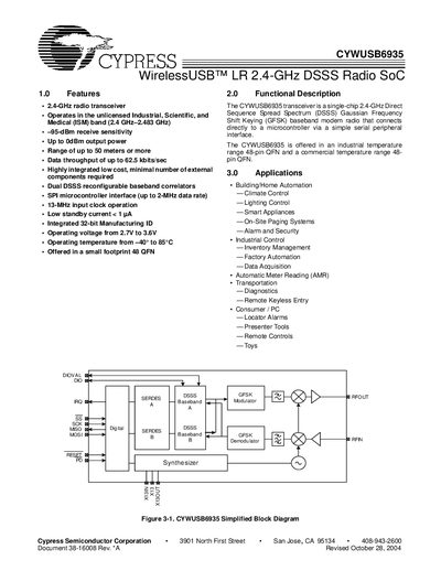 Cypress CYWUSB6935 WirelessUSB LR 2.4‑GHz DSSS Radio SoC Datasheet - cover page