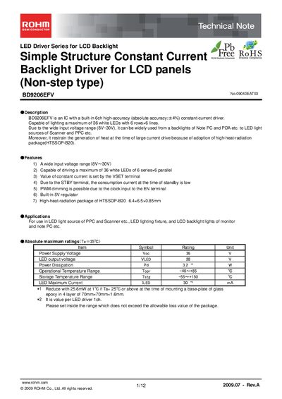 ROHM BD9206EFV LED Driver Technical Note - cover page