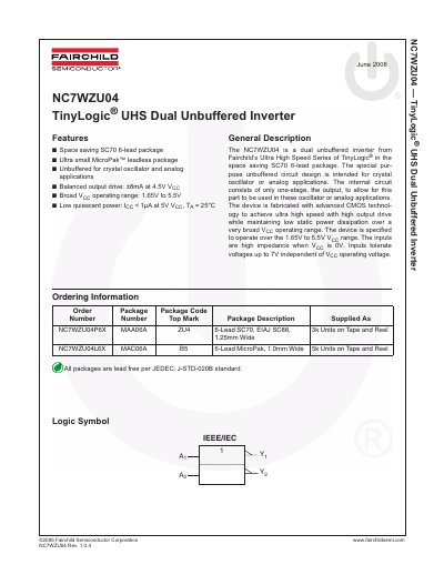 Fairchild NC7WZU04 Dual Unbuffered Inverter Datasheet - cover page
