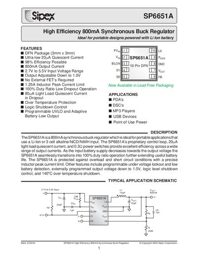 Sipex SP6651A High Efficiency 800mA Synchronous Buck Regulator Datasheet - cover page
