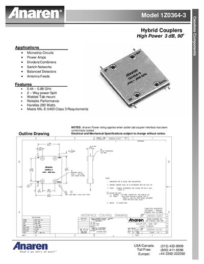 Anaren 1Z0364-3 Hybrid Coupler Datasheet - cover page