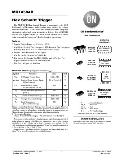 ON Semiconductor MC14584B/DMC14584B Hex Schmitt Trigger Datasheet - cover page