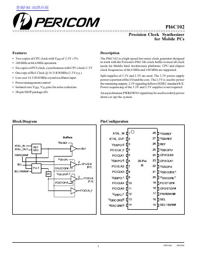 Pericom PI6C102 Precision Clock Synthesizer Datasheet