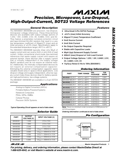 MAXIM MAX6061 MAX6068 Precision Micropower Low-Dropout High-Output-Current SOT23 Voltage References handbook - cover page