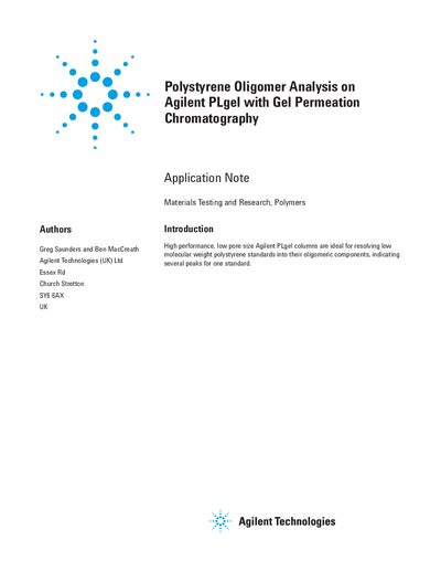 Polystyrene Oligomer Analysis on Agilent PLgel with Gel Permeation Chromatography Application Note - cover page