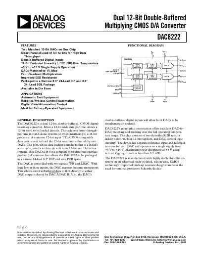Analog Devices DAC8222 Dual 12‑Bit Multiplying DAC Datasheet - cover page