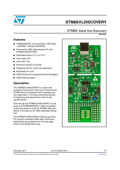 STMicroelectronics STM8SVLDISCOVERY Evaluation Board Data Brief