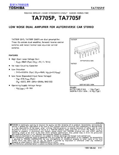Toshiba TA7705P/TA7705F Bipolar Linear Integrated Circuit Datasheet - cover page