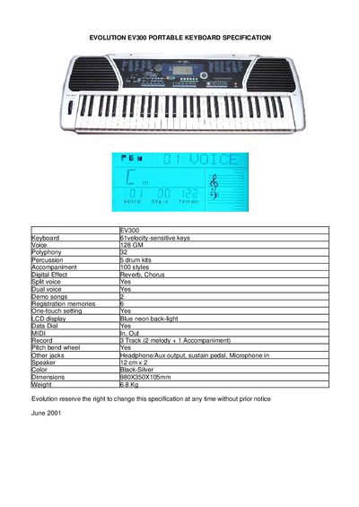 Evolution EV300 Portable Keyboard Specification - cover page