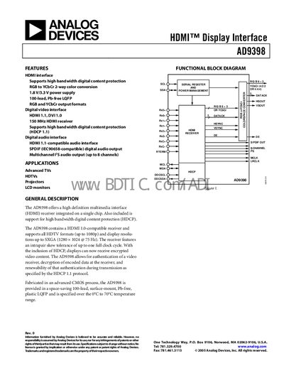 Analog Devices AD9398 HDMI Receiver Datasheet - cover page