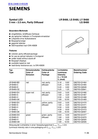 Siemens LR/LS/LY/LG B480 LED Datasheet - cover page