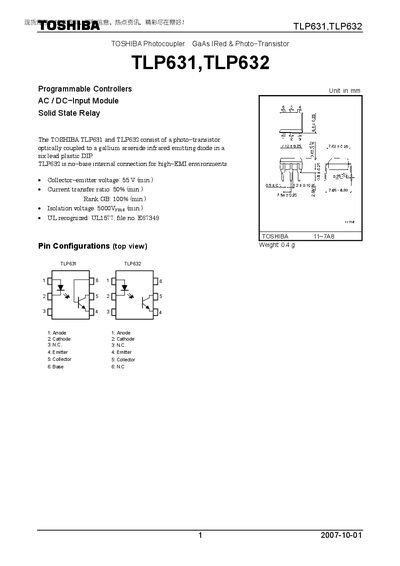 Toshiba TLP631/TLP632 Photocoupler Datasheet