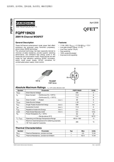 Fairchild FQPF19N20 N-Channel MOSFET Datasheet - cover page