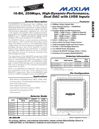 Maxim MAX5878 16‑Bit 250 Msps Dual DAC with LVDS Inputs Datasheet - cover page