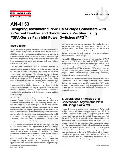FAIRCHILD AN-4153 Designing Asymmetric PWM Half-Bridge Converters with a Current Doubler Synchronous Rectifier using FSFA-Series Fairchild Power Switches (FPS ) handbook - cover page